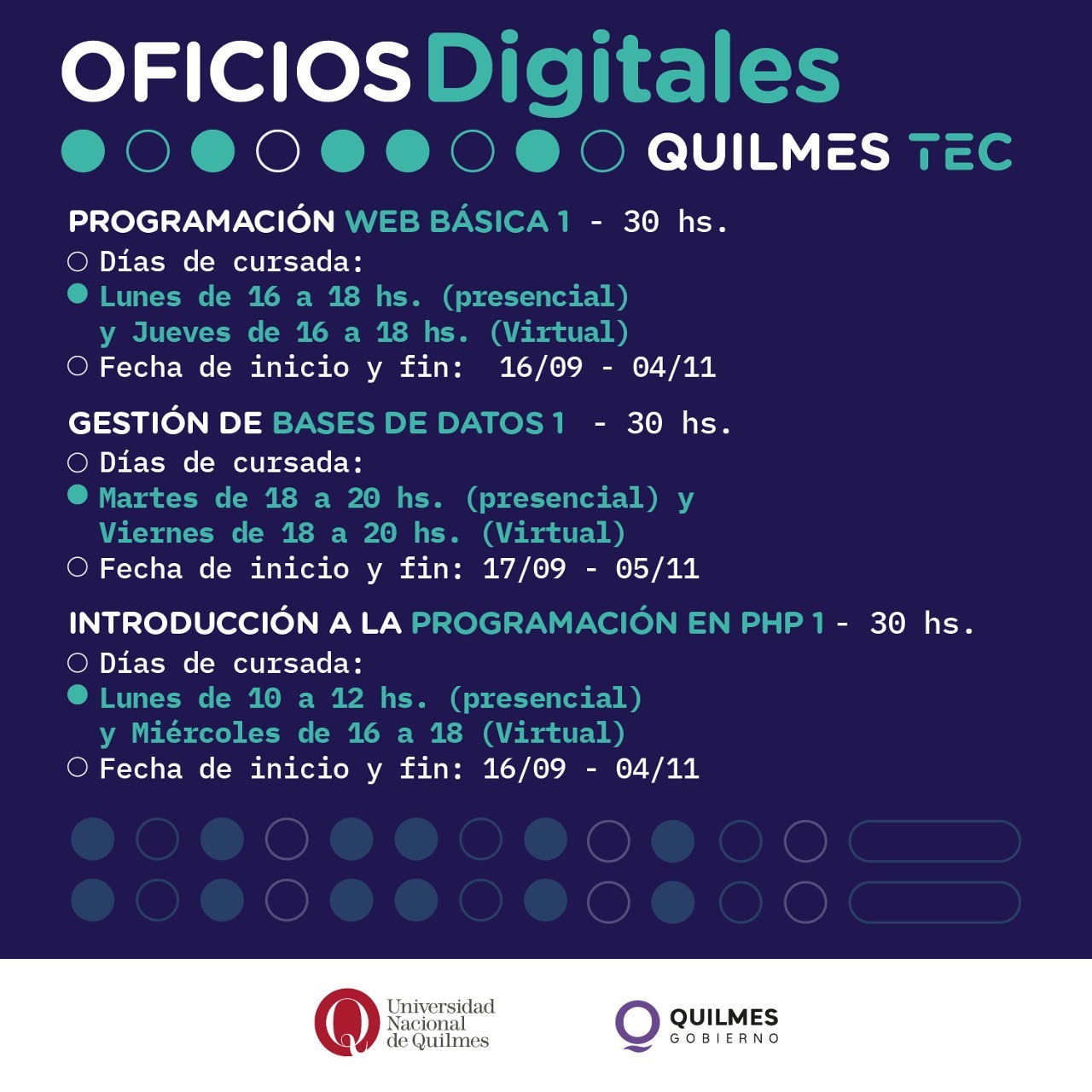 INSCRIPCIONES ABIERTAS PARA CURSOS GRATUITOS EN QUILMES TEC