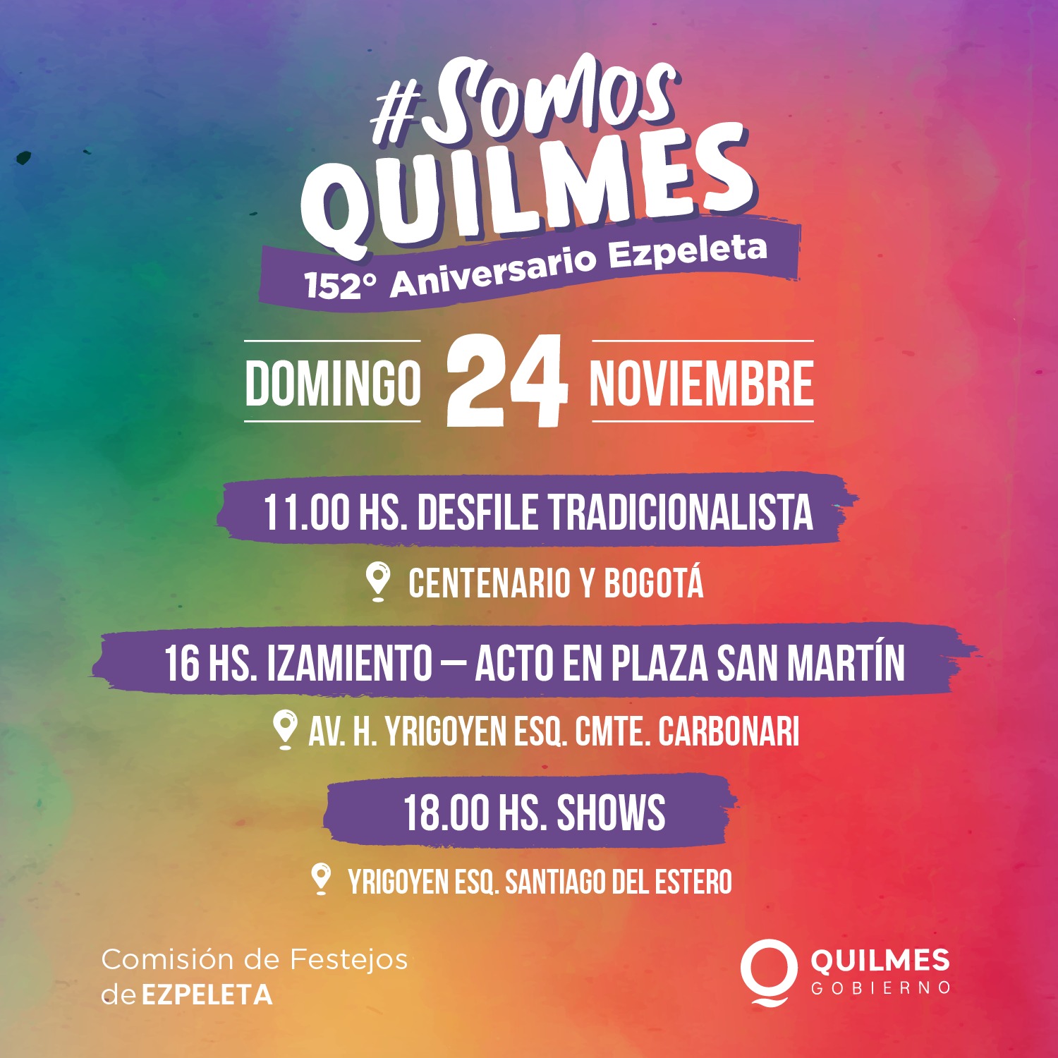 El MUNICIPIO DE QUILMES INVITA AL FESTEJO DEL 152º ANIVERSARIO DE EZPELETA